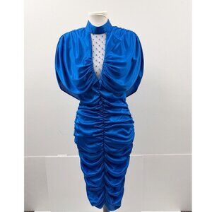 80s Prom Party Dress Sheer Bust Draped Bodycon Vamp Glam Disco Glam Cobalt Blue